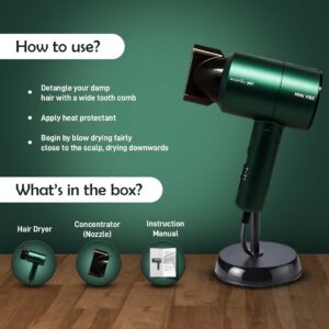IKONIC Mini Vibe Hair Dryer 1200 Watts with 2 Speed Setting,Cool Shot Feauture Overheat Protection,Foldable Compact Design Travel Friendly Glossy Finish Look,Dryer for Unisex,All Hair Type,Emerald