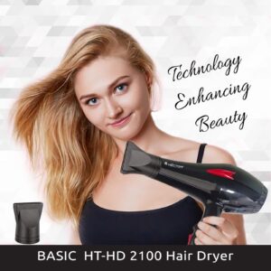 Hector BASIC 2100 Watts Professional Hair Dryer | AC Motor | Ionic Function | 2 Heat & 2 Speed Settings | With 2 Concentrator Nozzles (Black)